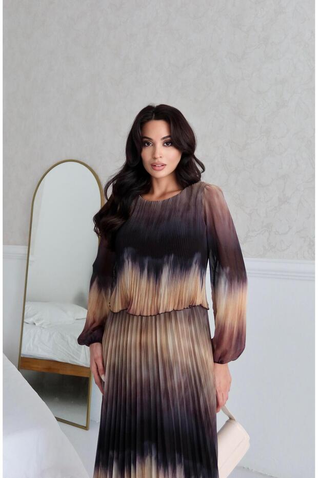 Siyah Batik Desenli Pliseli Midi Elbise - 2