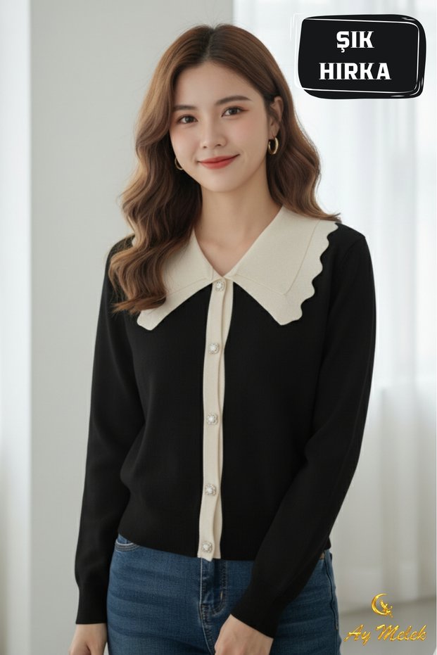 Women's Knitwear Polo Neck Buttoned Corded Fabric Cardigan