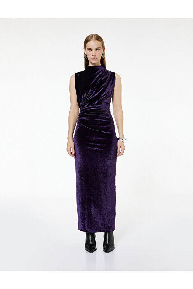 Long Sleeveless Draped Velvet Dress with Slit and Light Stand Collar