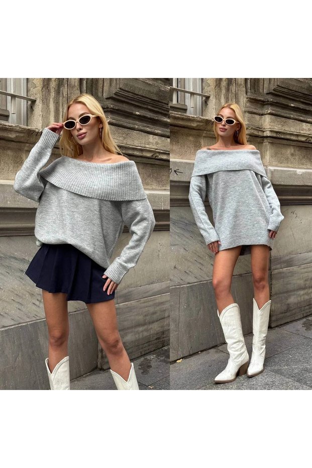 Women's Gray Madonna Collar Off Shoulder Oversized Relaxed Fit Thick Knitwear Sweater Dress
