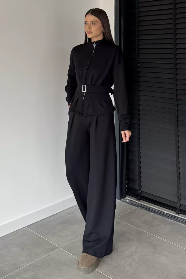 Black Women's Belt Detailed Jacket Waist Elasticated Trousers Two-Piece Set