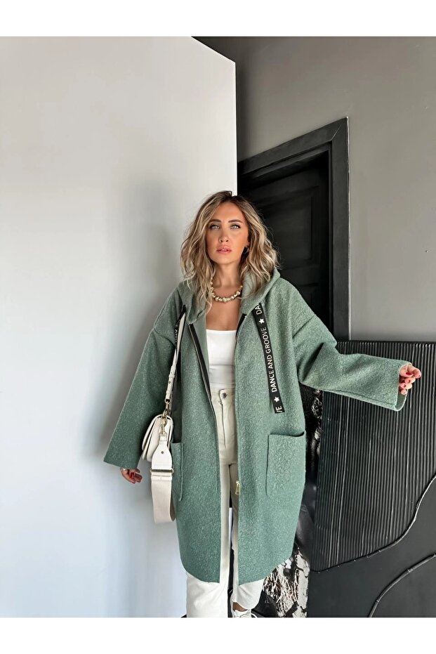 Kadın Kapüşonlu Torba Cep Astarsız Hafif Buklet Kaşe Oversize Kaban - 1