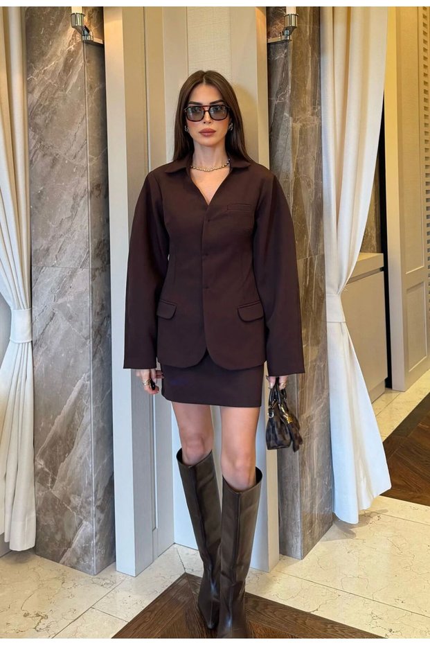 Mini Skirt Pocket Detail Shoulder Pad Balloon Sleeves V-Neck Stitching Button Open Design Equivalent Premium Jacket Suit