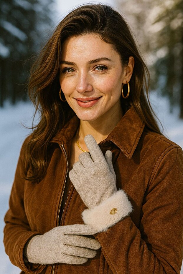 Beige Fur-Trimmed Women's Gloves