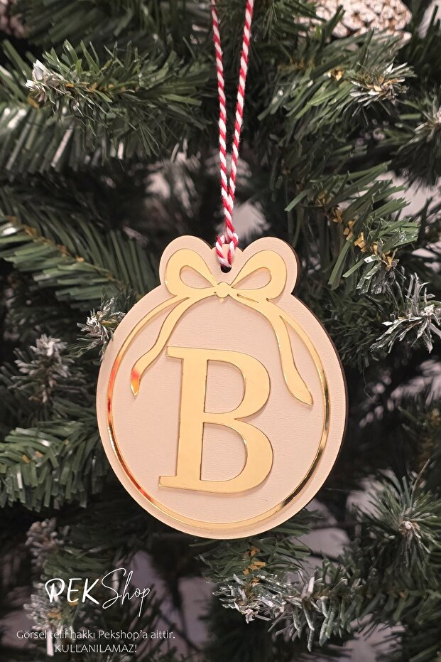 Initial Letter Round Model Bow Christmas Tree Ornament - Gold Initial Letter and Bow Design New Year Ornament
