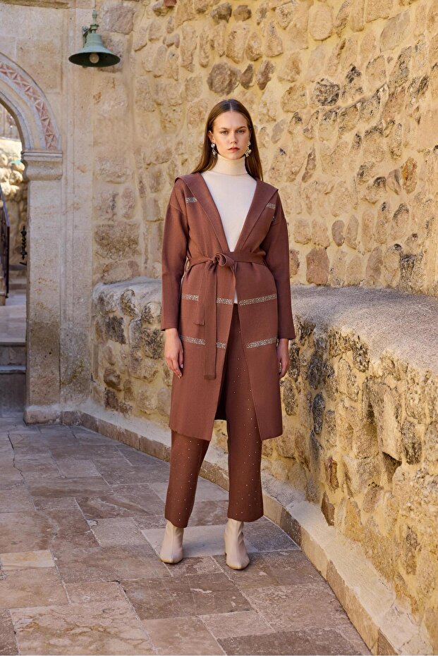 Women's Stone Detailed Two-Piece Suit Brown 20740