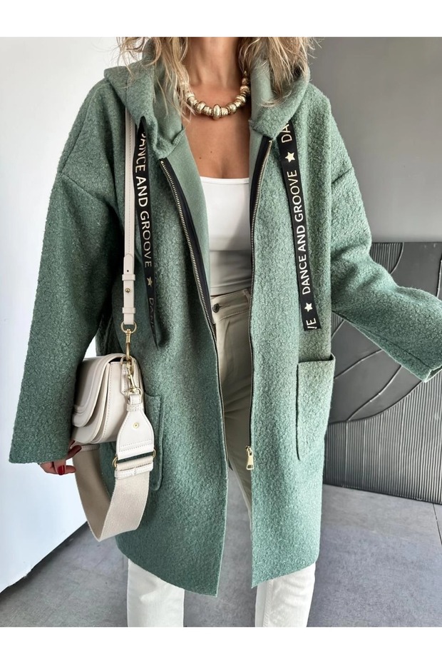 Kadın Kapüşonlu Torba Cep Astarsız Hafif Buklet Kaşe Oversize Kaban - 8