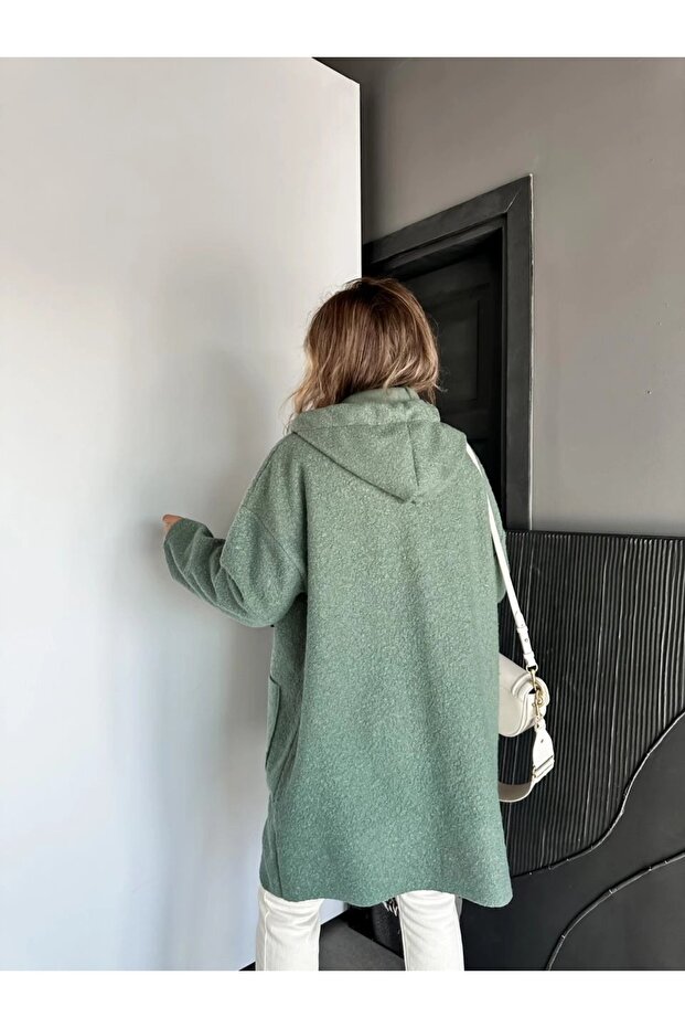 Kadın Kapüşonlu Torba Cep Astarsız Hafif Buklet Kaşe Oversize Kaban - 4