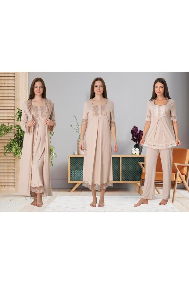 Women's Mink Lace Detailed Design Full Length Maternity Dressing Gown Nightgown Pajama Set 4-Piece Set