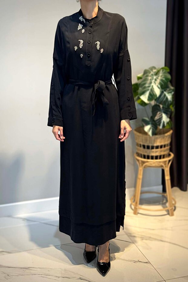 Button Detailed Dress with Sleeves and under the Skirt 6701 Black