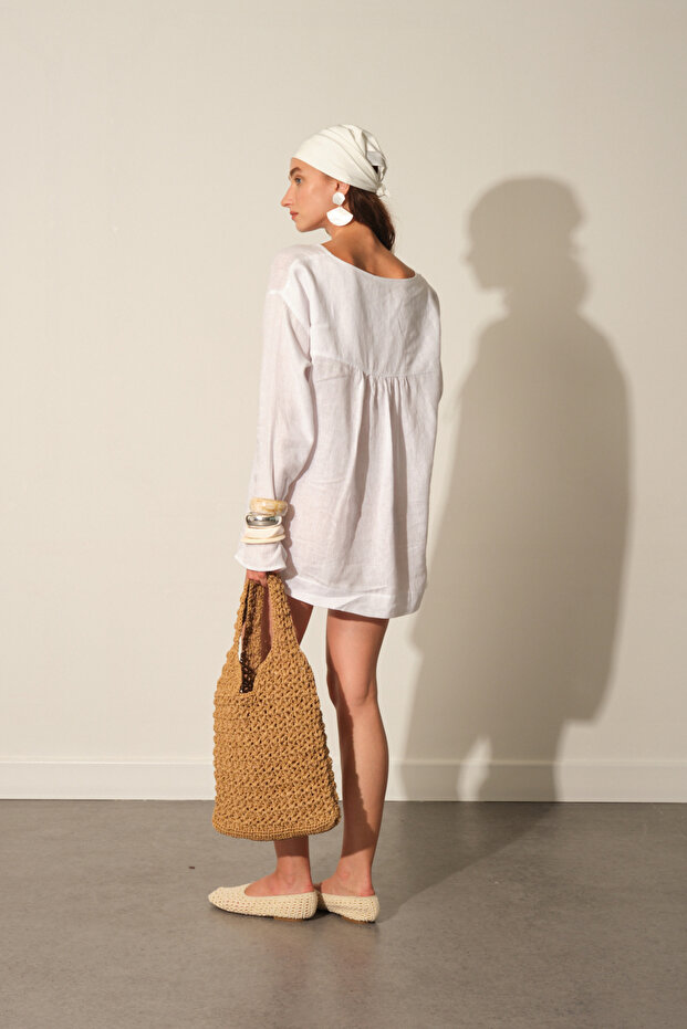 %100 Keten Bağlamalı Oversize Bluz - 5