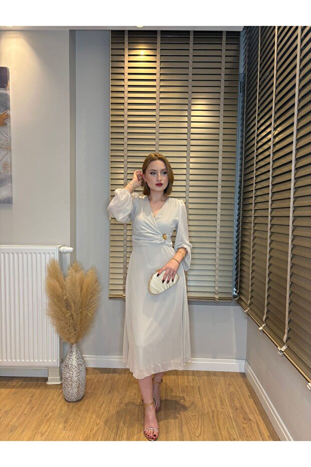 Tokalı Şifon Kruvaze Midi Elbise - 2