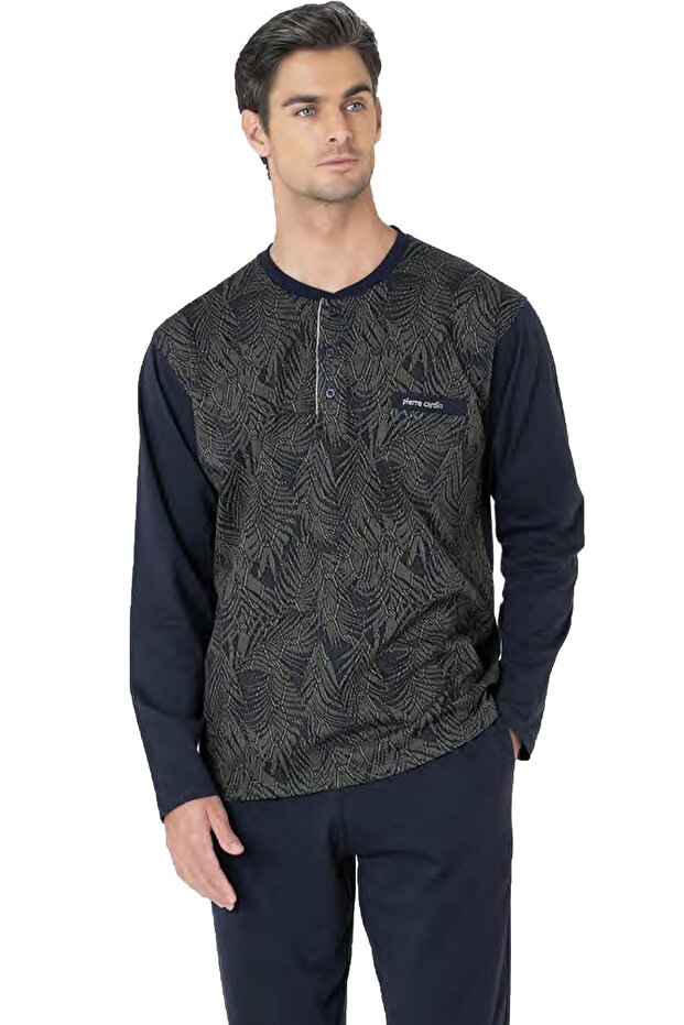 100% cotton jacquard button-up men's pajama set with boxed round neck