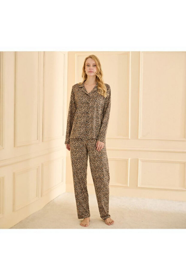 Leopard Patterned Buttoned Pajama Set Sandy - 2