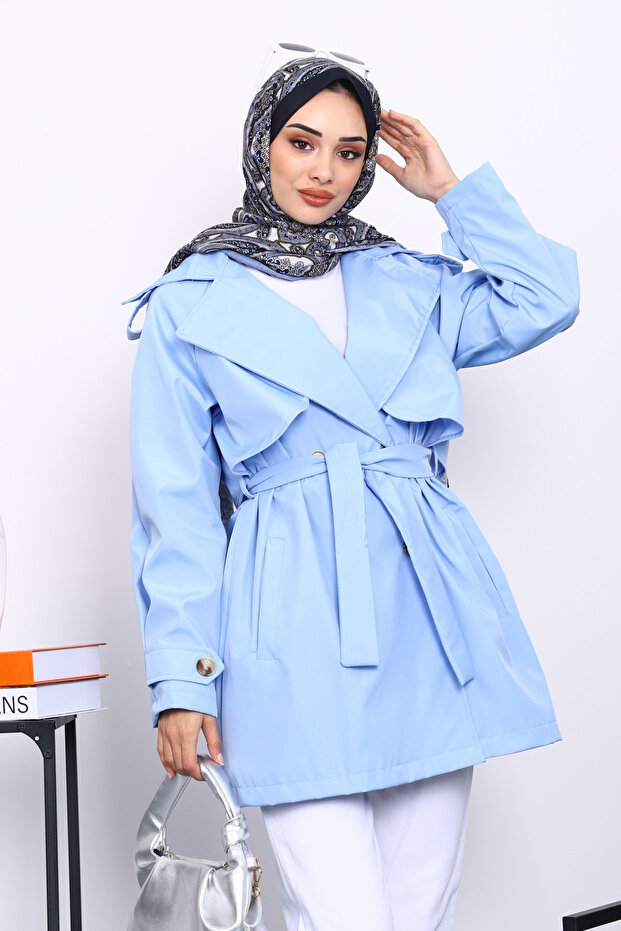 Baby Blue Double-Breasted Collar Lined Trench Coat