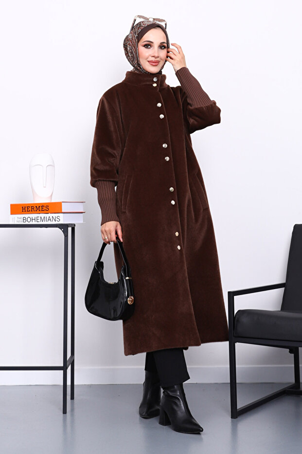 Brown Buttoned Angora Coat