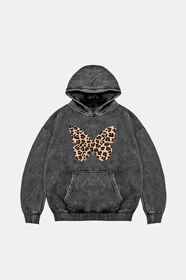Butterfly Leopard Printed Oversize Unisex Premium Washable Black Hoodie