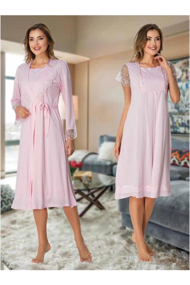 Women's Pink Lace Detailed Design Maternity Nightgown Dressing Gown Set of 2