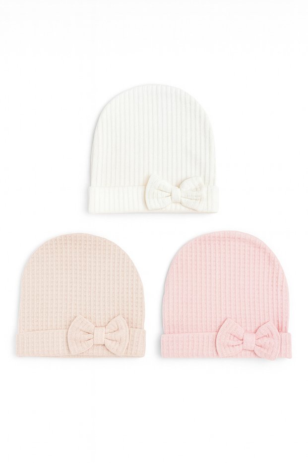 Baby Girl Bowknot Ecru Powder Pink 3-Piece Cotton Hat