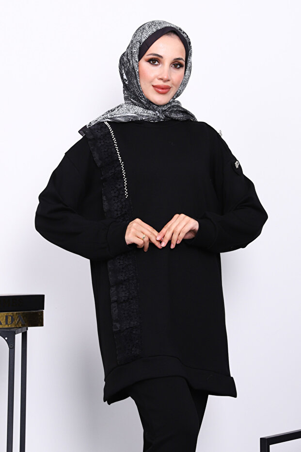 Black Mock Neck Tulle Embroidered Tunic