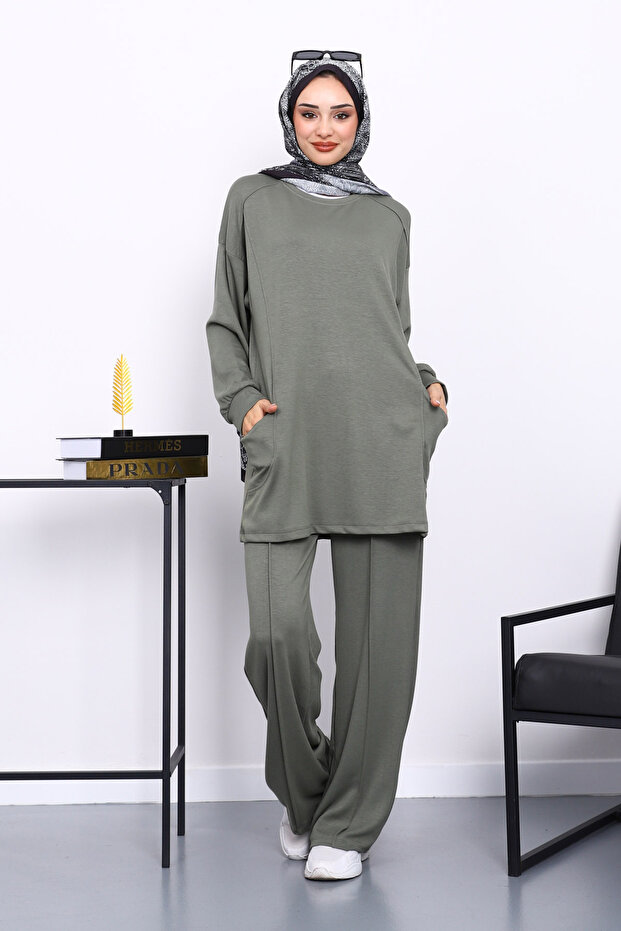 Khaki Side Pocket Shoulder Piece Bottom piped Modal Set