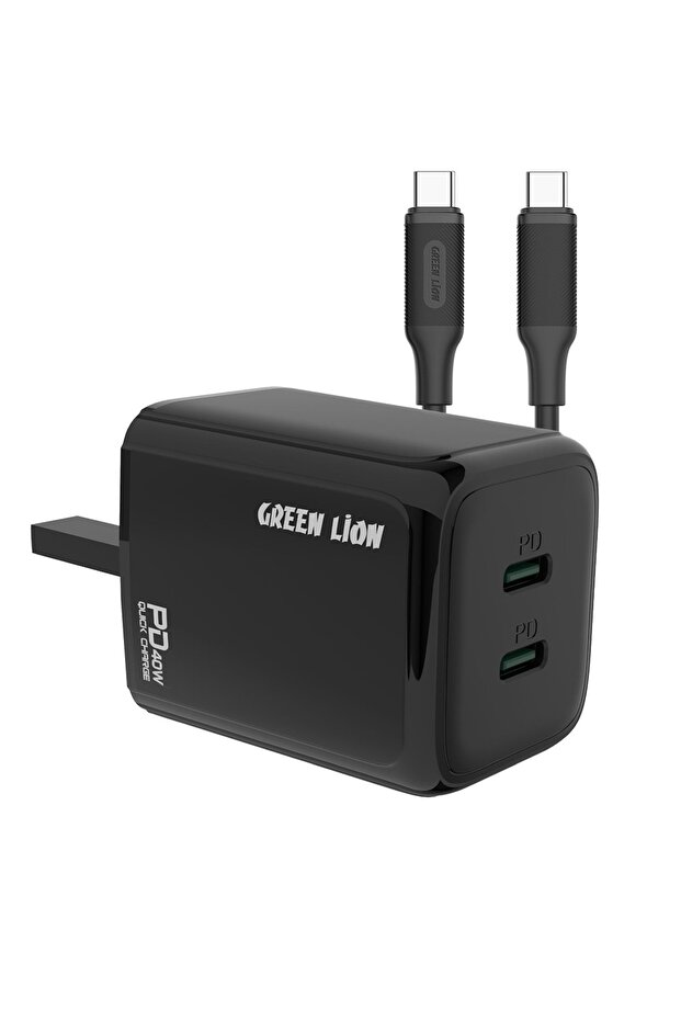 Dual PD Wall Charger with USB-C to USB-C Cable, 40W, Fast Charging, UK Plug – Black