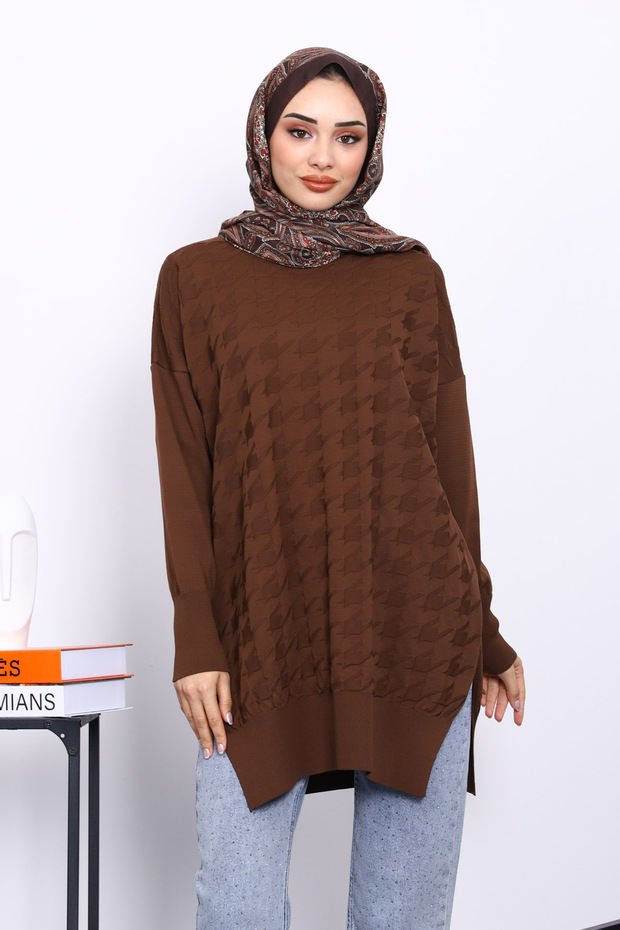 Brown Houndstooth Patterned Cold Yarn Knitwear Tunic