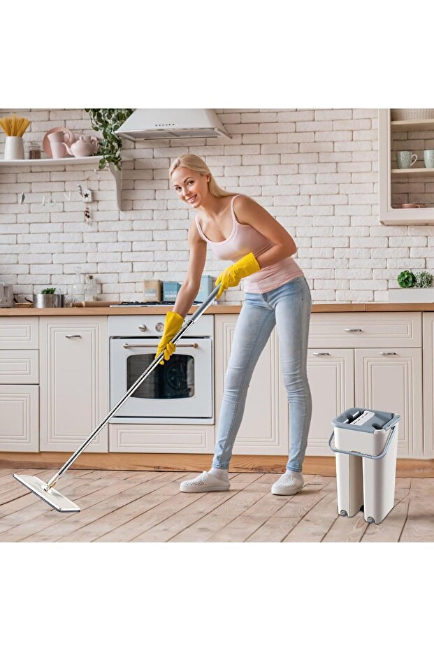 Flat Mop Touch-Squeeze Mop & Bucket Set with Built-In Wringer - 4