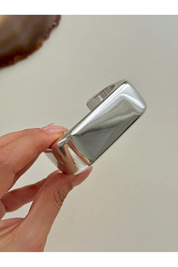 Silver Color Rectangular Cornered Shape Adjustable Plate Clamp Bracelet - 2