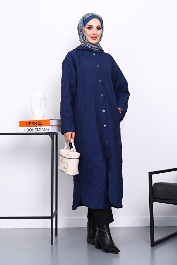 Navy Blue Quilted Hooded Cap