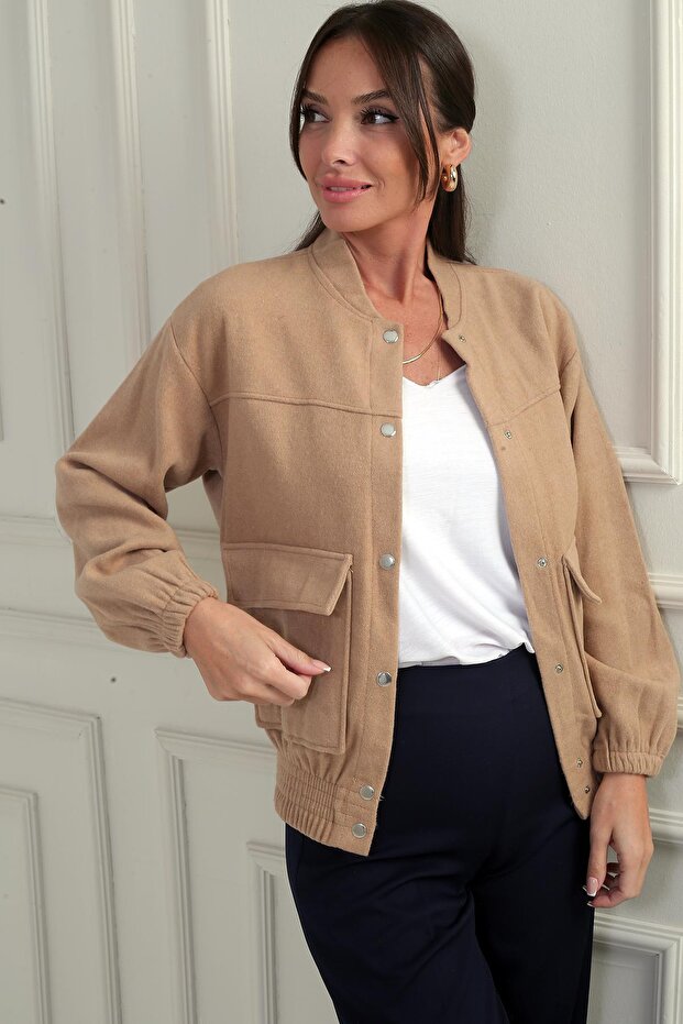 Elastic Waist Pocketed Melton Bomber Jacket