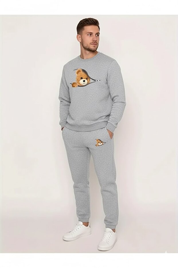Women's Crew Neck Zipper Cute Bear Printed Bottom Top Gray Black Tracksuit Set