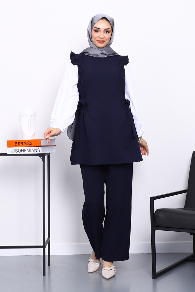 Navy Blue Shirt Vest Pants Three Piece Set