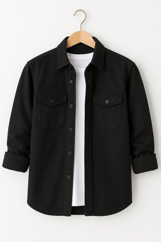 Men's Black Melton Lumberjack Style Shirt Jacket – Relaxed Fit New Season Winter Fashion Trend