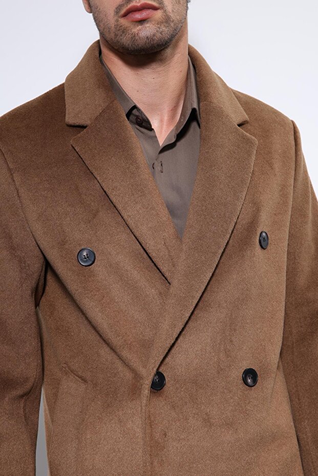 Kahve Yün Karışımlı Kruvaze Erkek Kaban - 4