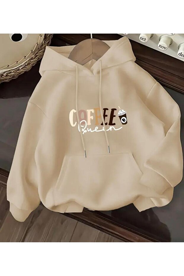Coffe Queen Print Detailed Fleece Inside K Hooded Sweatshirt