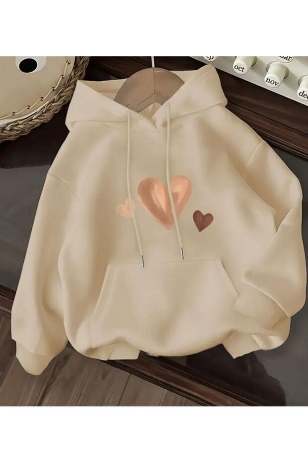 Heart Print Fleece-Lined Hooded Sweatshirt