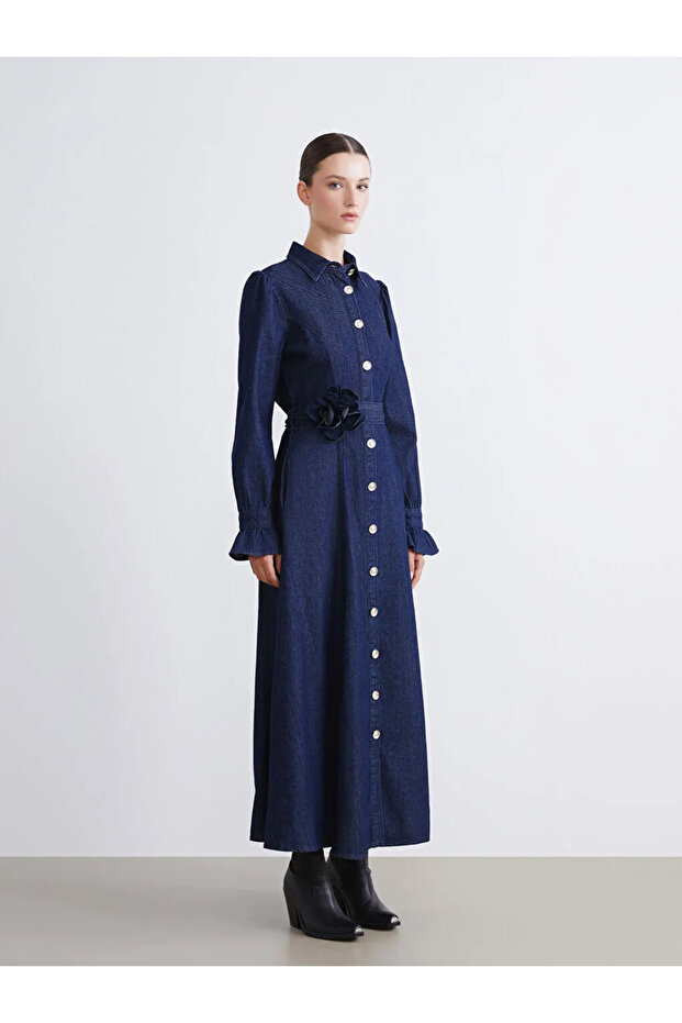 Kuşaklı Jean Gömlek Elbise - 5
