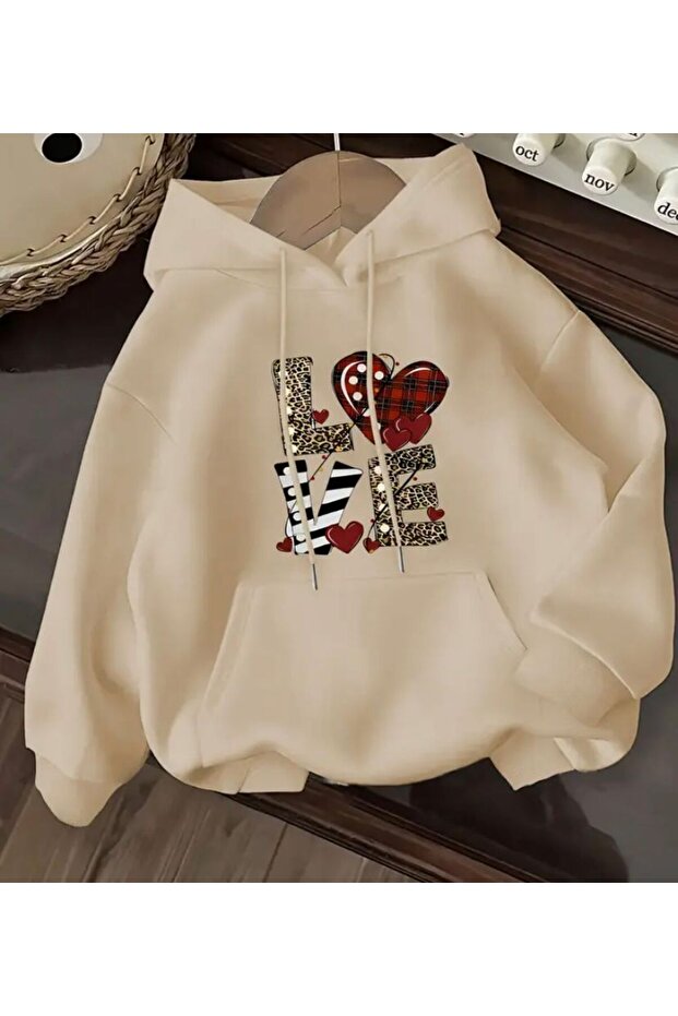 Love Text Detailed K Hooded Sweatshirt with Fleece Inside