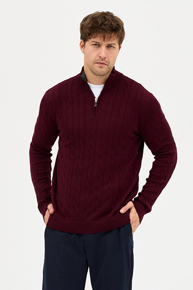 Satka Men's Burgundy Thick Hair Knit Half Zipper Cotton Sweater