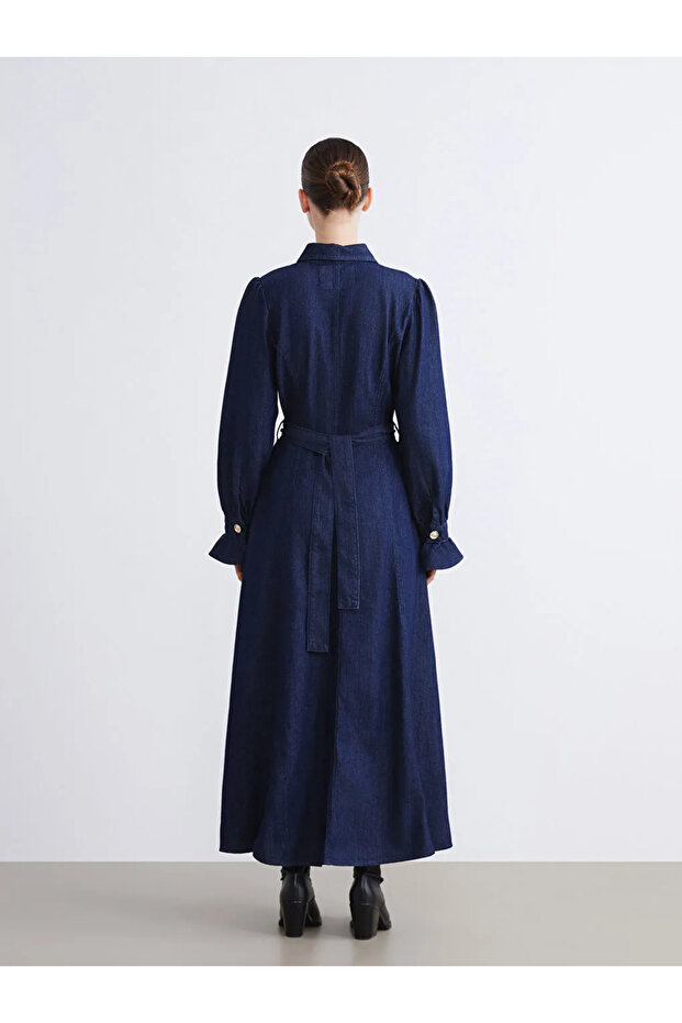 Kuşaklı Jean Gömlek Elbise - 1