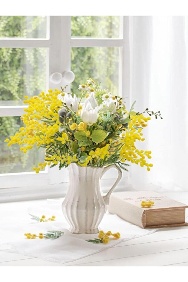 Yapay Çiçek Sarı Mimoza Demeti 5 Dallı 38cm Mimosa Yapay Bitki - 4