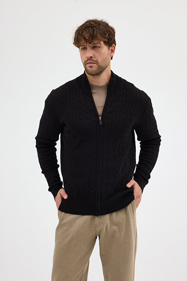 Bernat Men's Black Full Zipper Hair Braided Cotton Sweater