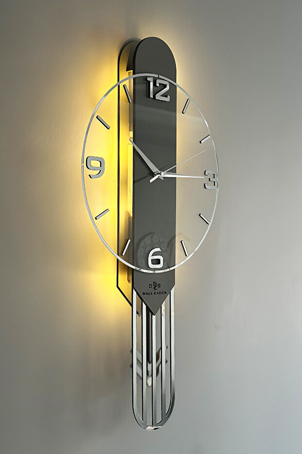 Long Rectangular Clock SARKAÇLI IŞIKLI 65cm ANTRASİT GÜMÜŞ - 1