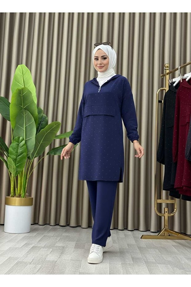 Stone Detailed Hooded Zippered Double Tunic Set