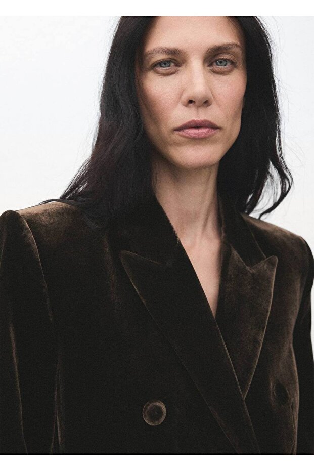 Kadife çift düğmeli kumaş blazer ceket - 5