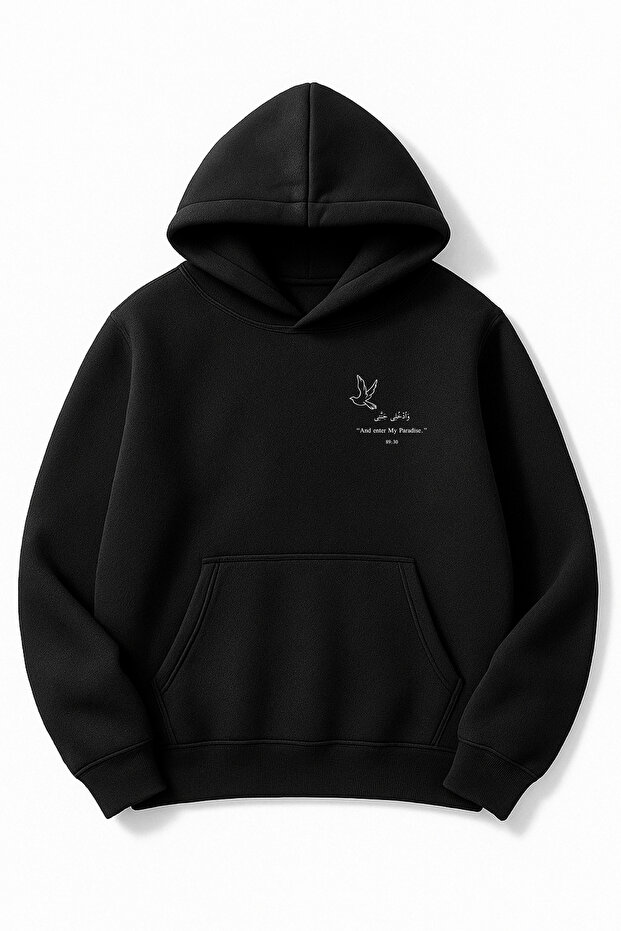 Black Oversized Unisex Enter My Paradise Bird Printed Hooded Sweatshirt