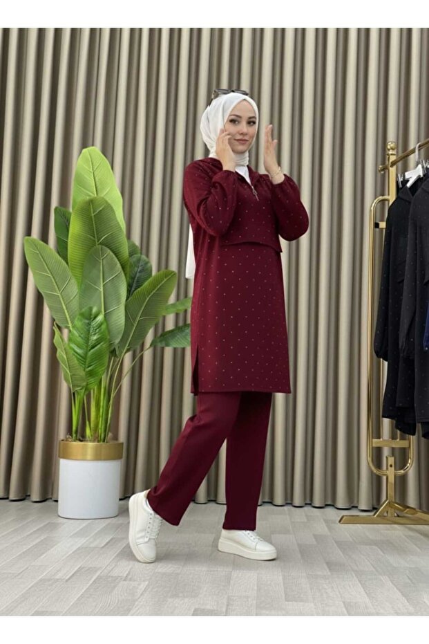 Stone Detailed Hooded Zippered Double Tunic Set