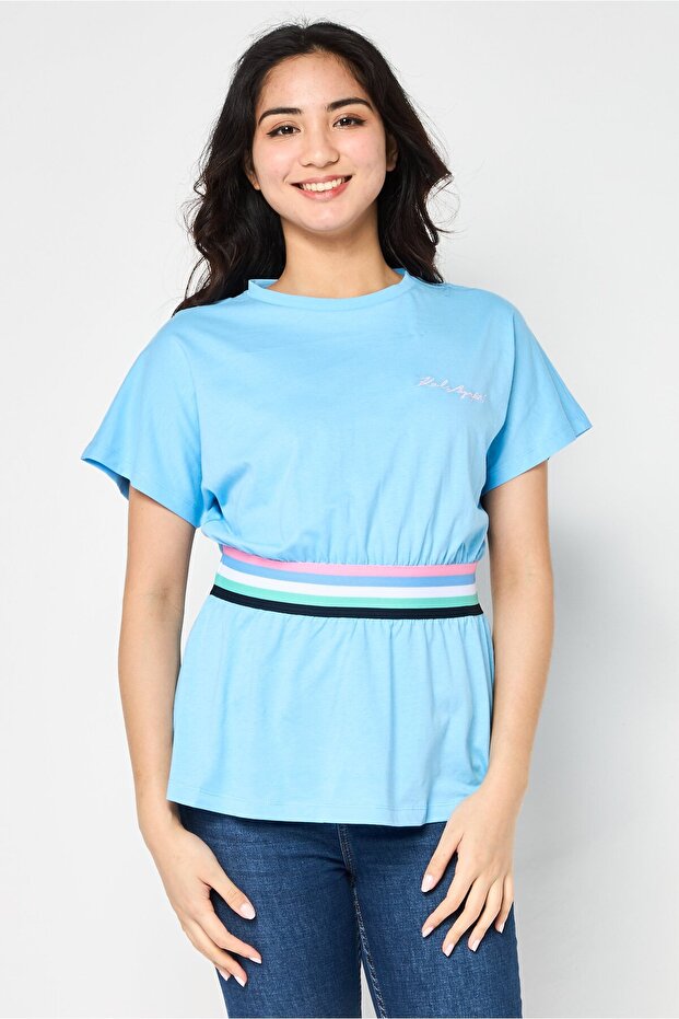Women Crew Neck Short Sleeve Embroidered Top, Blue
