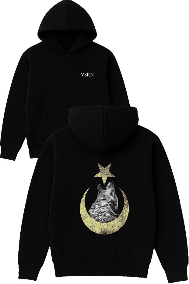 Turkish Flag Wolf Design Printed Oversized Black Hooded Sweatshirt